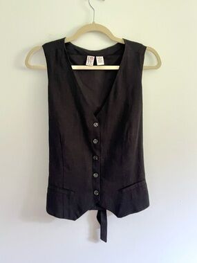 Black Linen Button-Front Sleeveless Vest Quiet Luxury Minimalist Preppy Size M